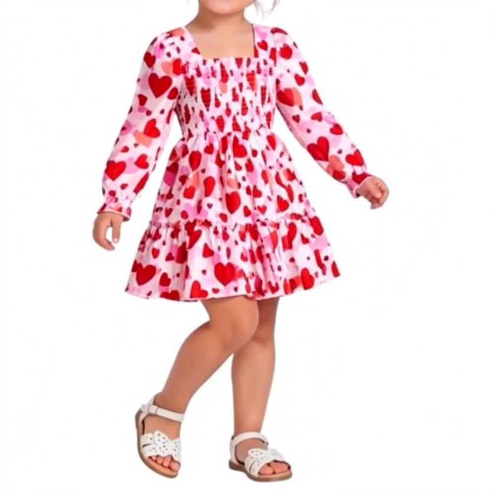 🔥 5 for $30 🔥 SHEIN Girls’ Red Pink Heart Print Smocked Ruffle Dress | Size 6Y